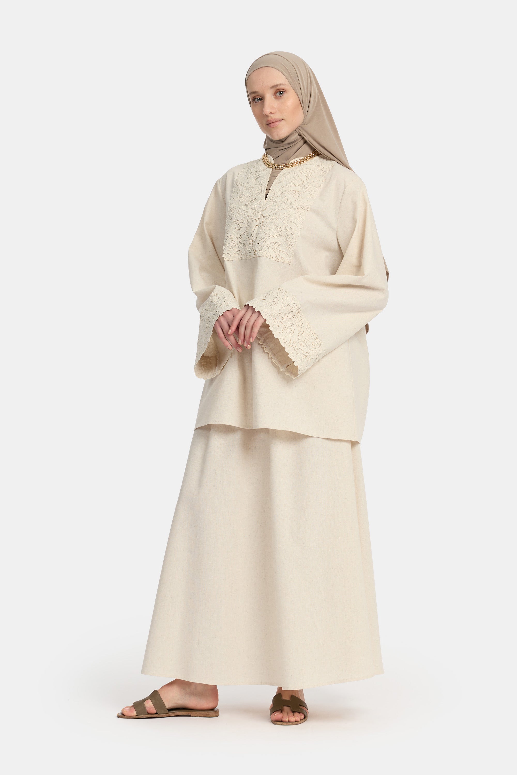 Linen Lace Skirt Set - Almond