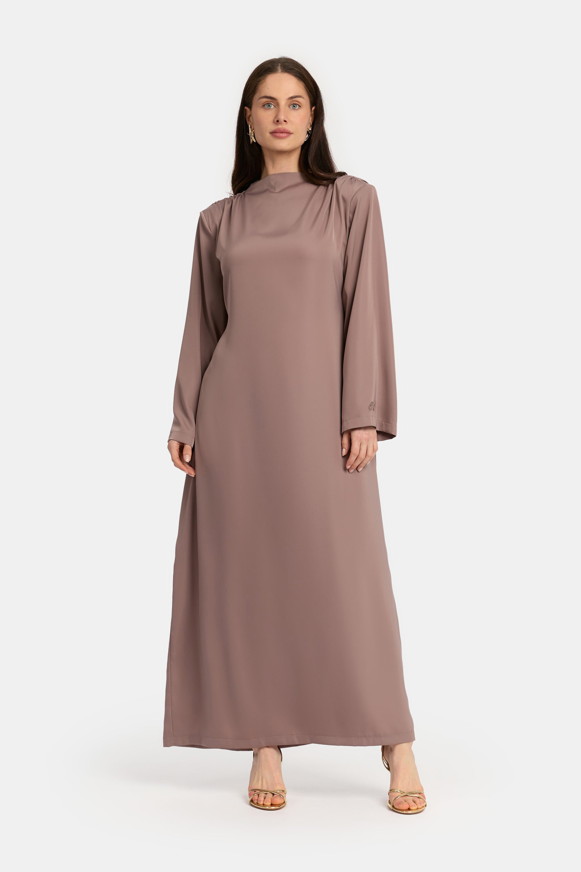 Draped Shoulder Satin Dress - Dusty Rose