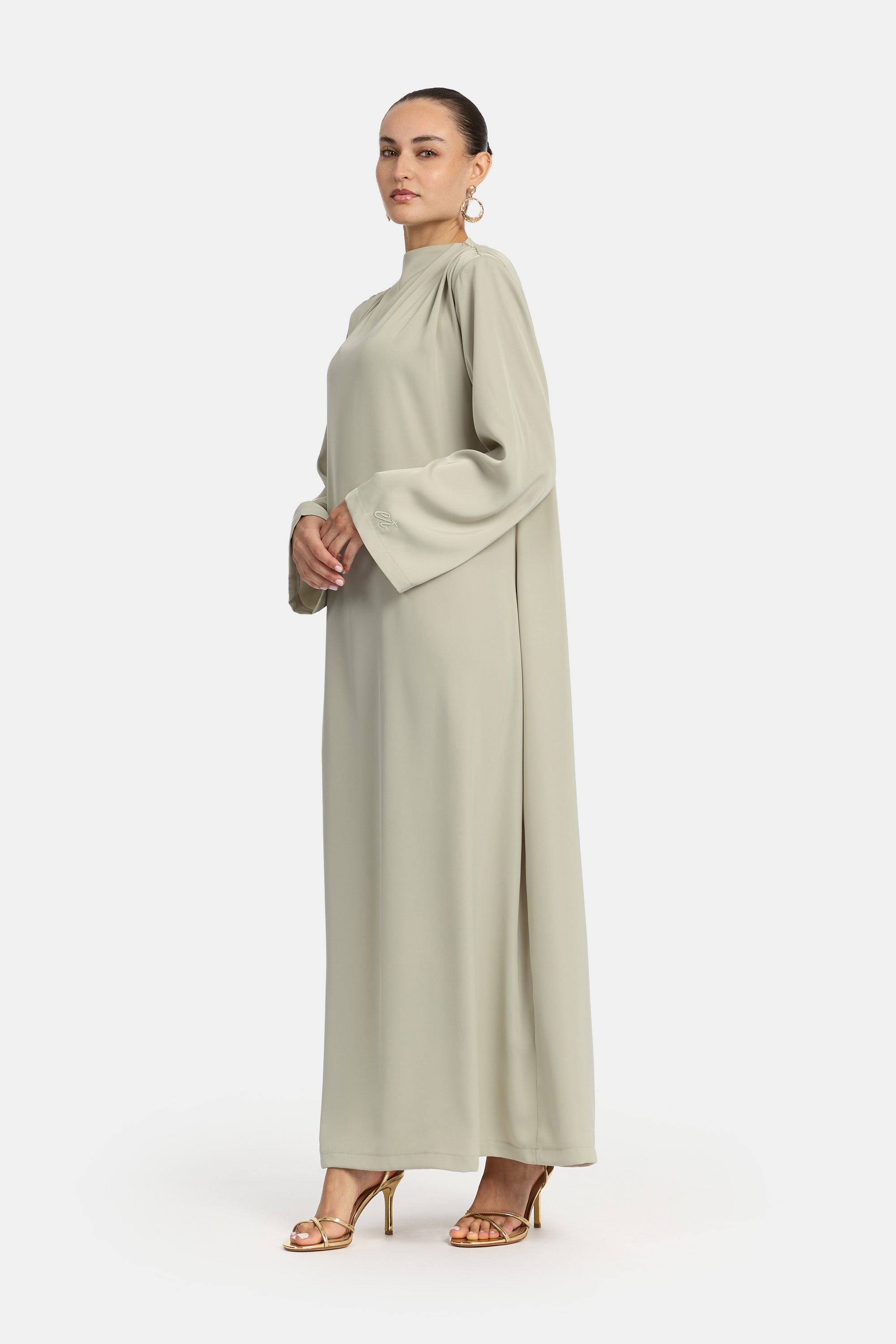 Draped Shoulder Satin Dress - Laurel
