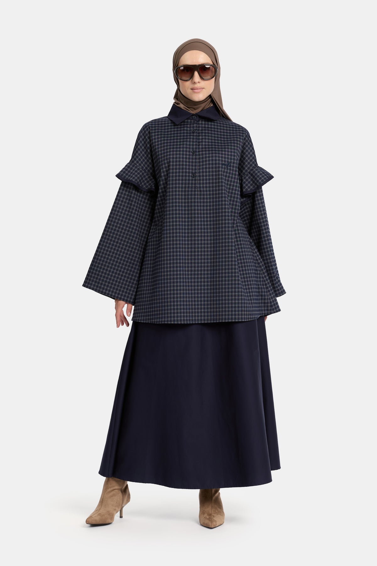 A Line Cotton Skirt - Navy Blue