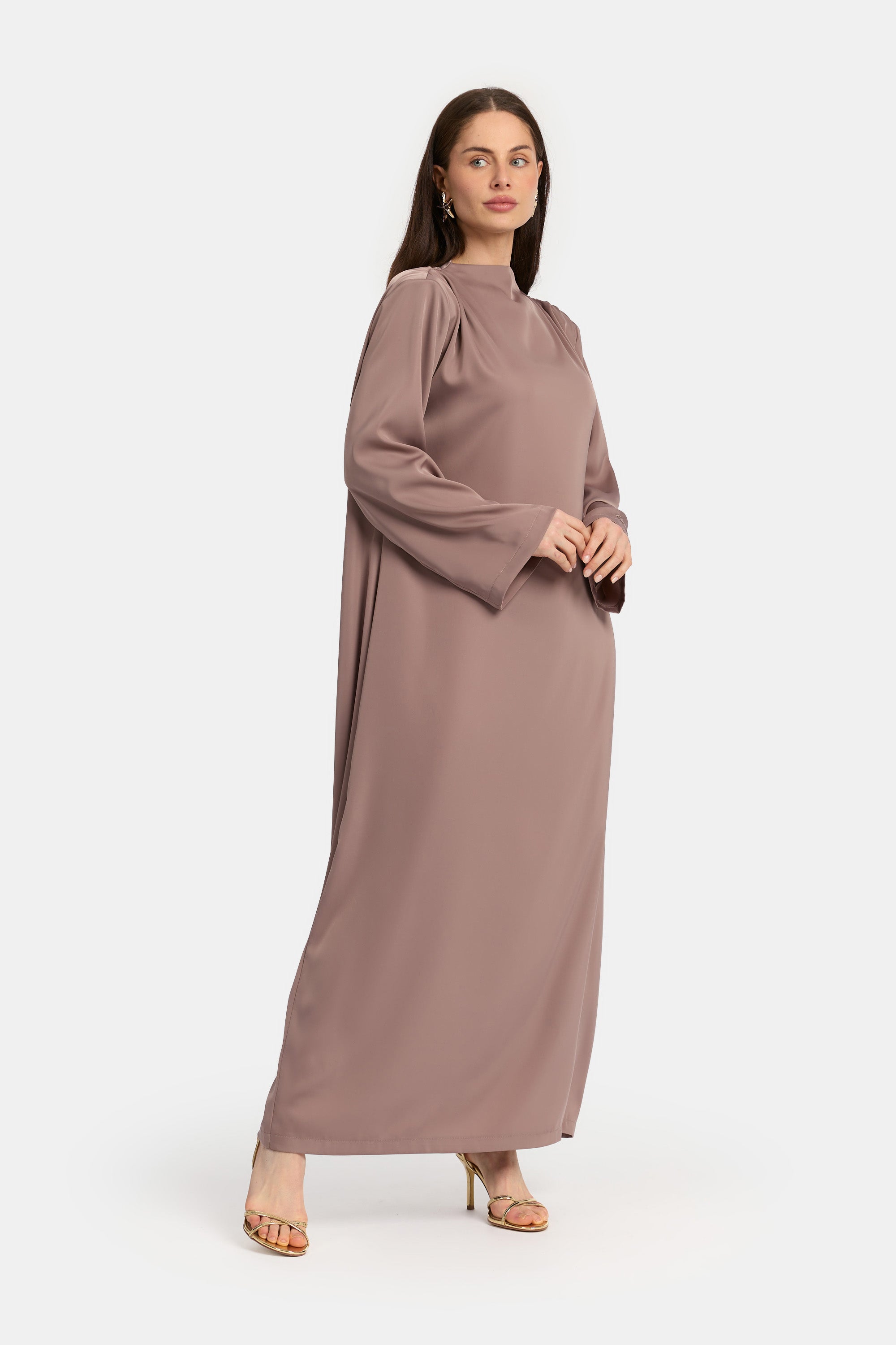 Draped Shoulder Satin Dress - Dusty Rose