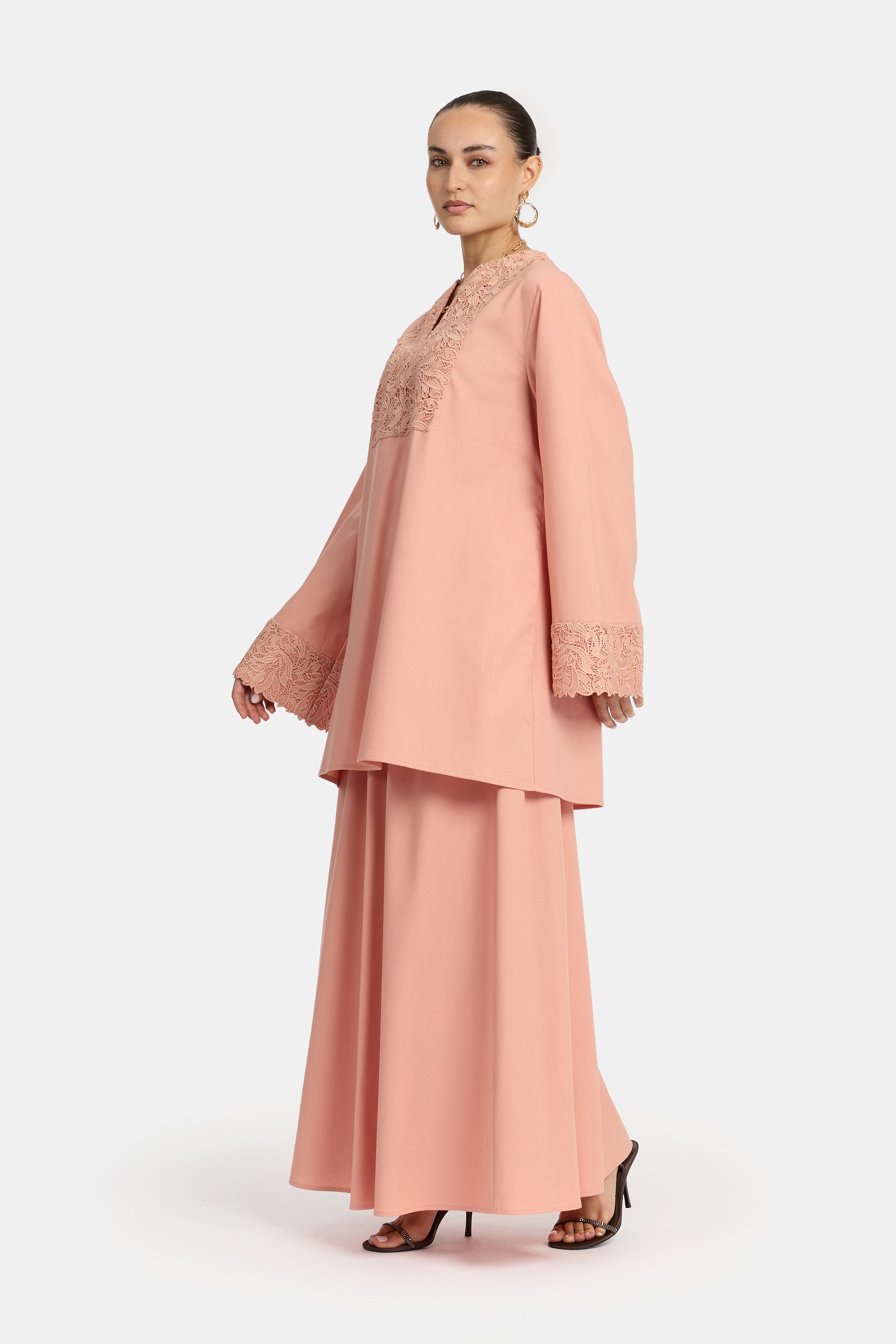 Linen Lace Skirt Set - Salmon