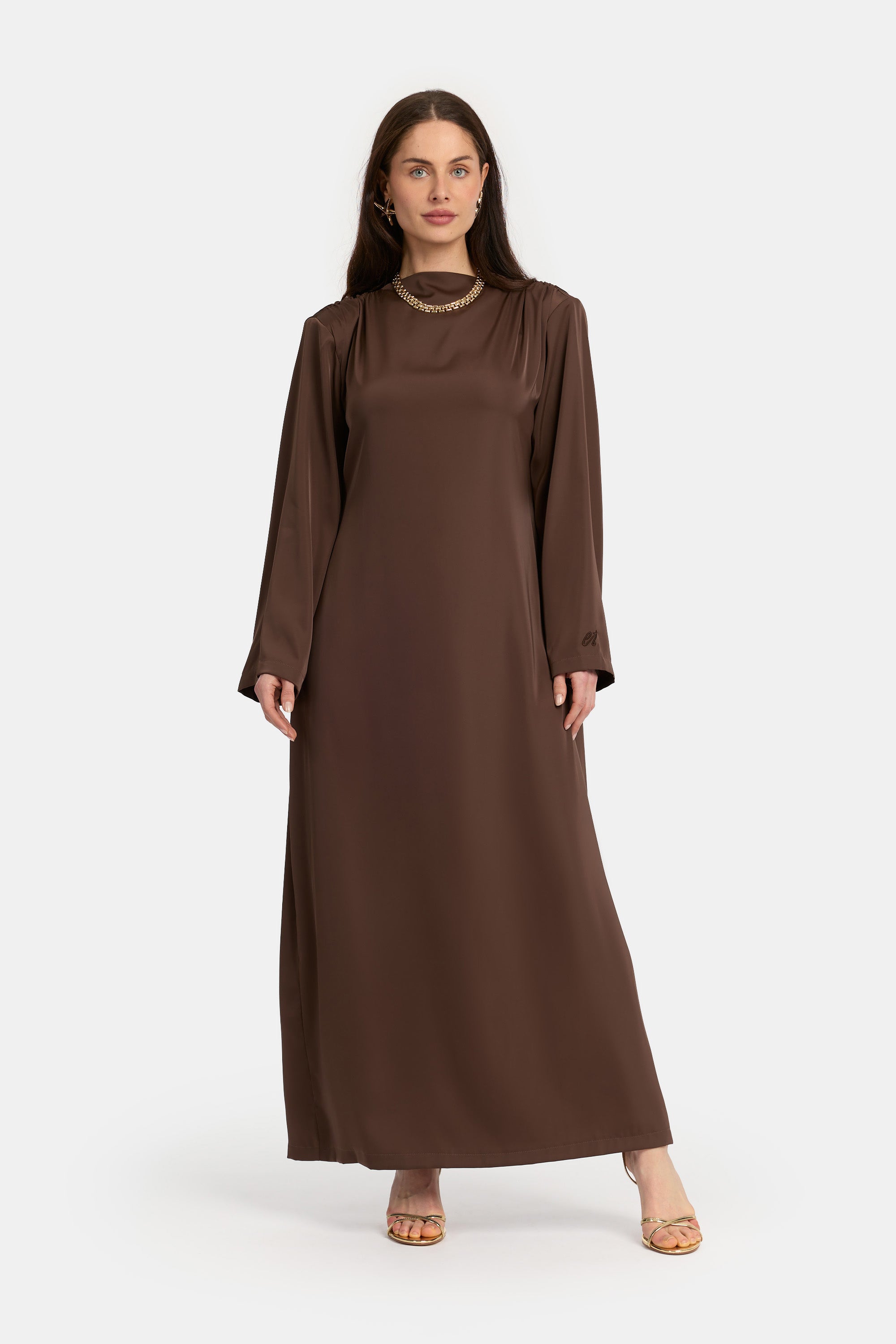 Draped Shoulder Satin Dress - Dark Brown