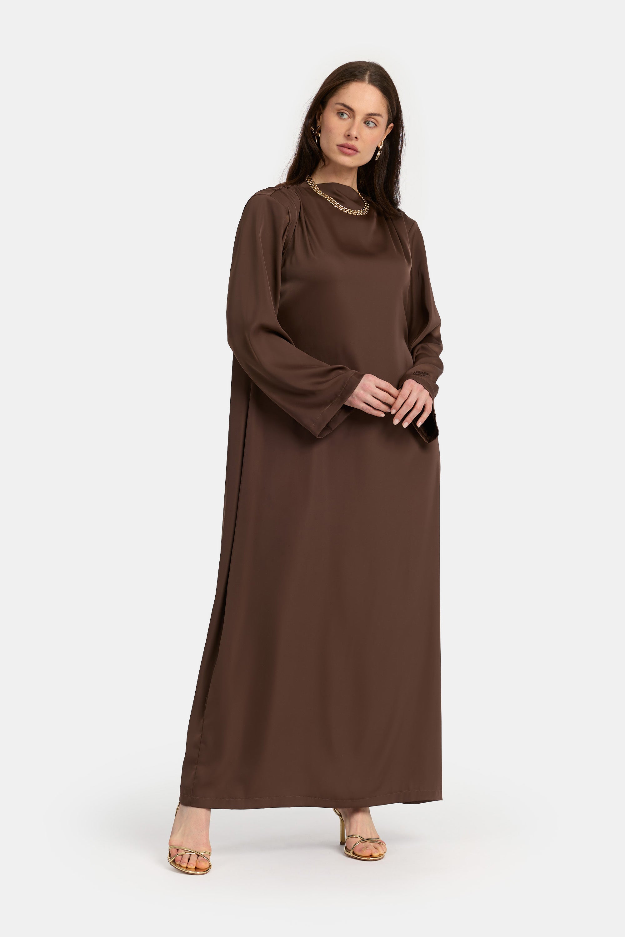 Draped Shoulder Satin Dress - Dark Brown