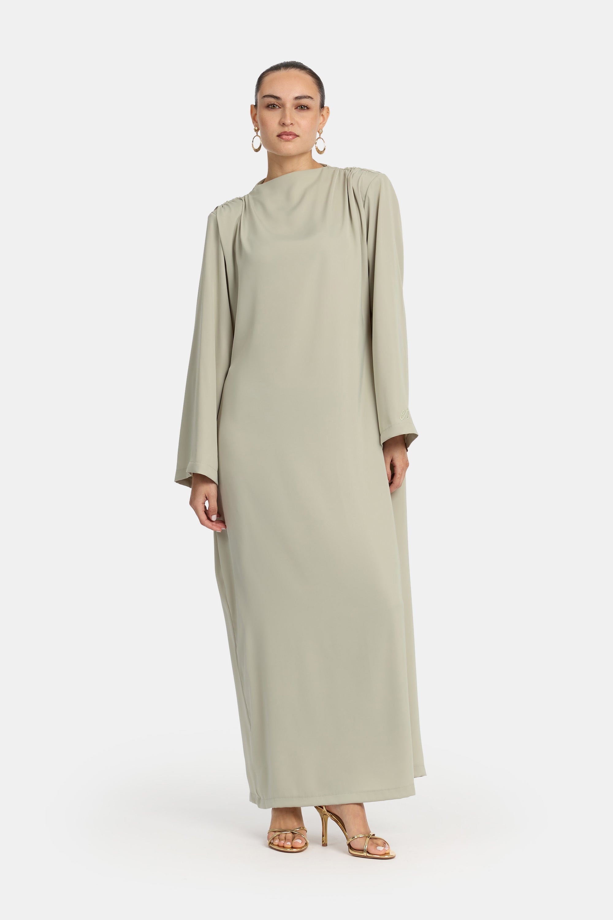 Draped Shoulder Satin Dress - Laurel