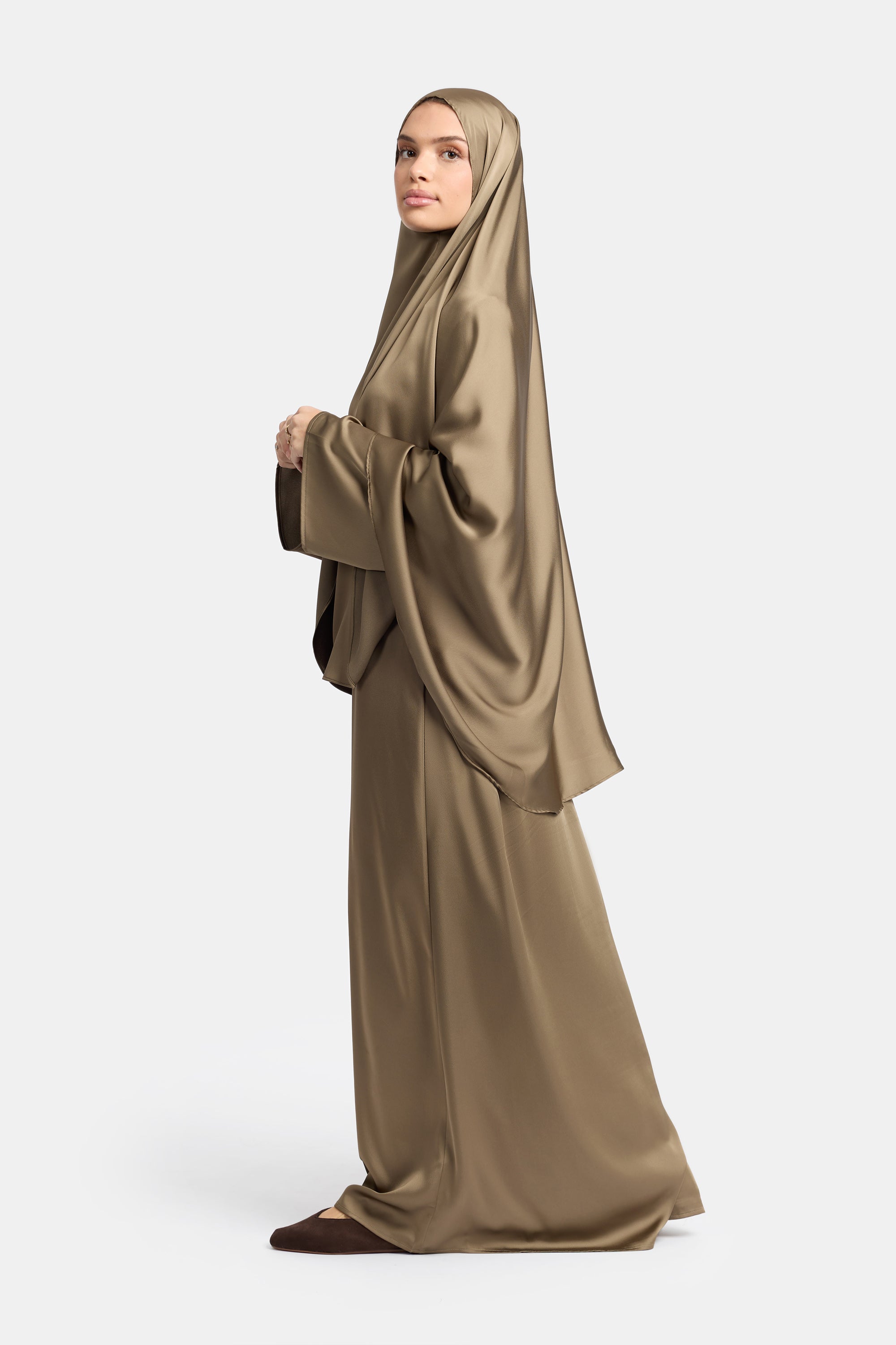 Satin Khimar Abaya Set - Cashmere Brown