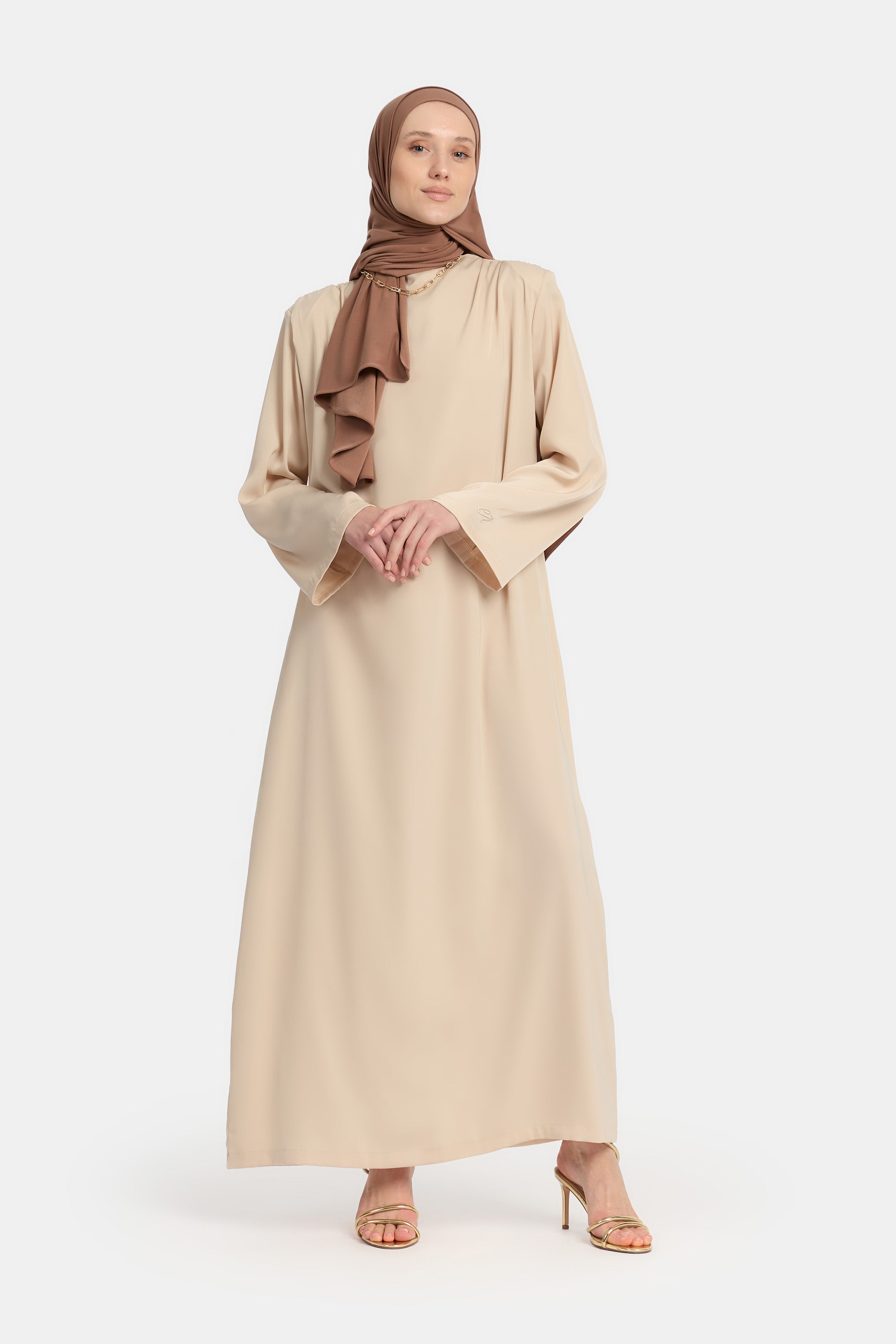 Draped Shoulder Satin Dress - Almond